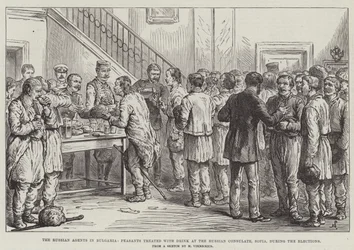 Los agentes rusos en Bulgaria, campesinos tratados con bebida en el consulado ruso, Sofía, durante las elecciones